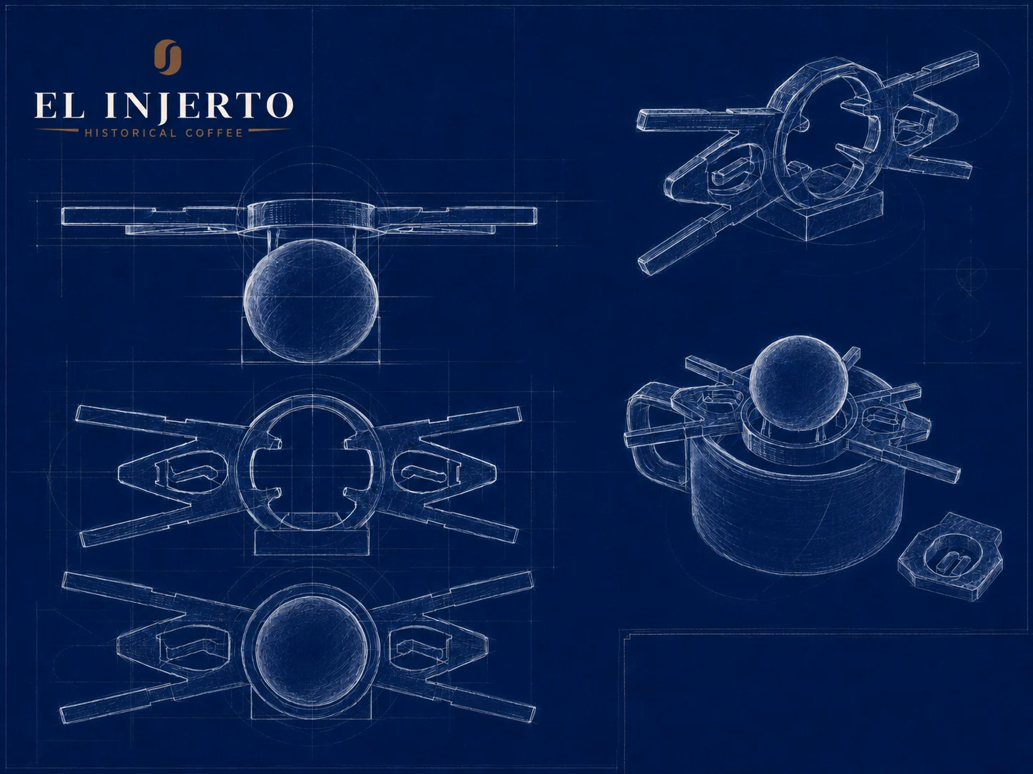Blueprint-style rendering of the El Injerto and Paragon cup interface in multiple views.