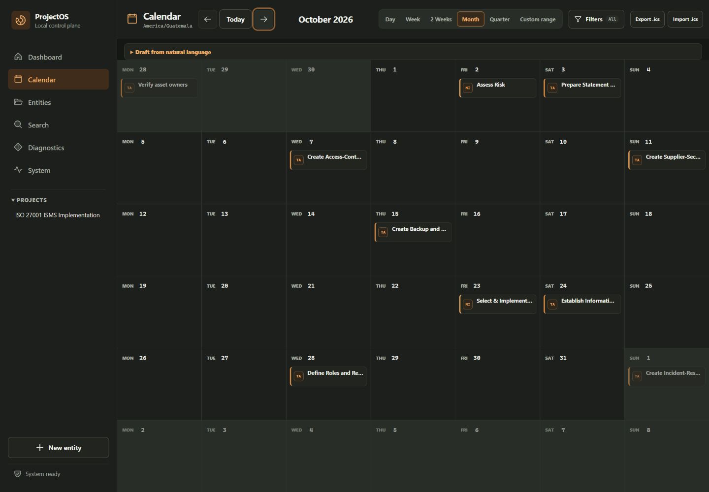 ProjectOS Month calendar for October 2026 showing project tasks and milestones across the planning grid.